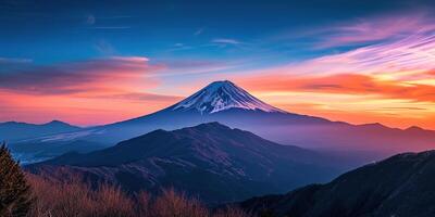 AI generated Mt. Fuji, mount Fuji-san tallest volcano mountain in Tokyo, Japan. Snow capped peak, conical sacred symbol, purple, orange sunset nature landscape backdrop background wallpaper, travel photo