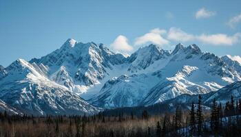 ai generado Nevado montañas de Alaska, paisaje con bosques, valles, y ríos en tiempo de día. asombroso naturaleza composición antecedentes fondo de pantalla, viaje destino, aventuras al aire libre foto