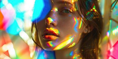 ai generado joven mujer modelo en su 20s posando en un prisma manchado vaso arco iris espectro brillante color Encendiendo. natural belleza, juventud, cara piel cuidado, Moda y maquillaje concepto antecedentes foto