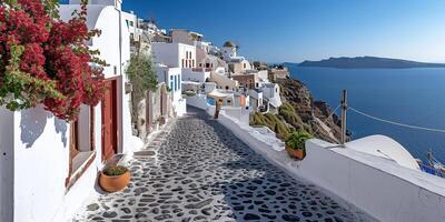 ai generado santorini thira isla en del Sur Egeo mar, Grecia tiempo de día. fira y oia pueblo con blanco casas con vista a acantilados, playas, y pequeño islas panorama antecedentes fondo de pantalla foto