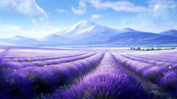 AI generated Serene lavender fields with mountain view. Seamless looping 4k time-lapse virtual video animation background