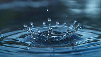 ai generado de cerca de un agua soltar chapoteo en en un estanque. macro disparo, azul y gris tonos, superficie tensión, hermosa naturaleza foto