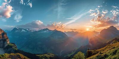 ai generado suizo Alpes Nevado montaña rango con valles y prados, campo en Suiza paisaje. dorado hora majestuoso ardiente puesta de sol cielo, viaje destino fondo de pantalla antecedentes foto