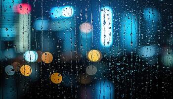 AI generated Rainy window with blurry city lights in the background. Bokeh out of focus blur, gloomy weather, melancholic mood, sadness, longing, depression concept backdrop photo