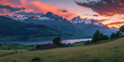 AI generated Swiss Alps snowy mountain range with valleys and meadows, countryside in Switzerland landscape. Golden hour majestic fiery sunset sky, travel destination wallpaper background photo