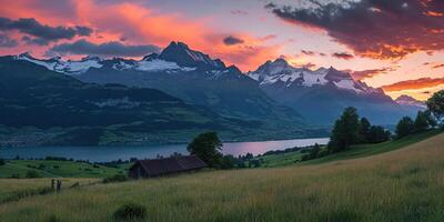 ai generado suizo Alpes Nevado montaña rango con valles y prados, campo en Suiza paisaje. dorado hora majestuoso ardiente puesta de sol cielo, viaje destino fondo de pantalla antecedentes foto