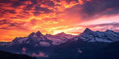 ai generado suizo Alpes Nevado montaña rango con valles y prados, campo en Suiza paisaje. dorado hora majestuoso ardiente puesta de sol cielo, viaje destino fondo de pantalla antecedentes foto