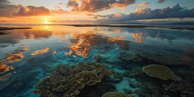 AI generated Great Barrier Reef on the coast of Queensland, Australia seascape. Coral sea marine ecosystem wallpaper background at sunset, with an orange purple sky in the evening golden hour photo