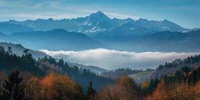 AI generated Swiss Alps mountain range with lush forest valleys and meadows, countryside in Switzerland landscape. Snowy mountain tops in the horizon, travel destination wallpaper background photo