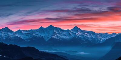 AI generated Swiss Alps snowy mountain range with valleys and meadows, countryside in Switzerland landscape. Golden hour majestic fiery sunset sky, travel destination wallpaper background photo