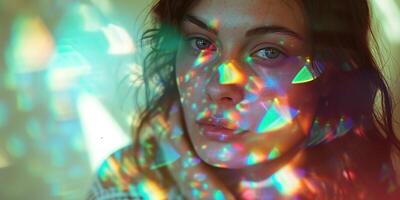 AI generated Young woman model in their 20s posing in a prism stained glass rainbow spectrum bright color lighting. Natural beauty, youth, face skin care, fashion and makeup concept background photo