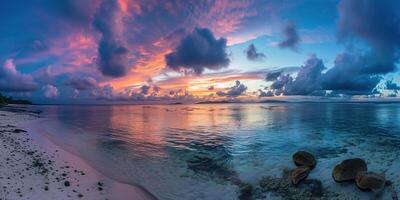 ai generado genial barrera arrecife en el costa de queensland, Australia marina. coral mar marina ecosistema fondo de pantalla antecedentes a atardecer, con un naranja púrpura cielo en el noche dorado hora foto