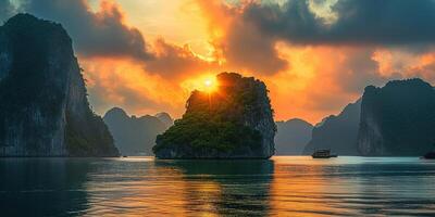 ai generado decir ah largo bahía, halong bahía mundo patrimonio sitio, caliza islas, Esmeralda aguas con barcos en provincia, Vietnam. atardecer, viaje destino, natural preguntarse paisaje antecedentes fondo de pantalla foto