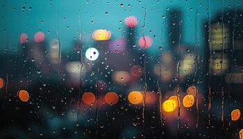 AI generated Rainy window with blurry city lights in the background. Bokeh out of focus blur, gloomy weather, melancholic mood, sadness, longing, depression concept backdrop photo