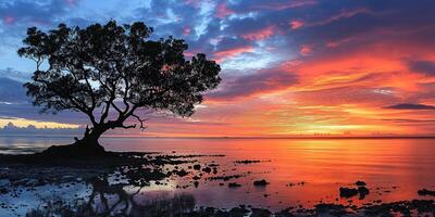 AI generated A silhouette of a tree on an island beach sunset landscape. Golden hour evening sky in the horizon. Mindfulness, meditation, calmness, serenity, relaxation concept background photo