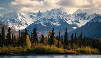 ai generado Nevado montañas de Alaska, paisaje con bosques, valles, y ríos en tiempo de día. asombroso naturaleza composición antecedentes fondo de pantalla, viaje destino, aventuras al aire libre foto