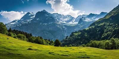 ai generado suizo Alpes montaña rango con lozano bosque valles y prados, campo en Suiza paisaje. Nevado montaña tapas en el horizonte, viaje destino fondo de pantalla antecedentes foto