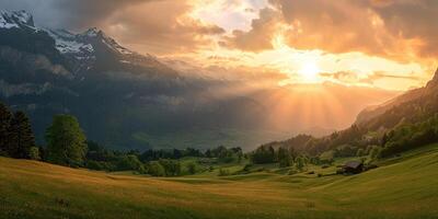 AI generated Swiss Alps snowy mountain range with valleys and meadows, Switzerland landscape. Golden hour sunset, serene idyllic panorama, majestic nature, relaxation, calmness concept photo