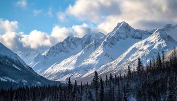 AI generated Snowy mountains of Alaska, landscape with forests, valleys, and rivers in daytime. Serene wilderness nature composition background wallpaper, travel destination, adventure outdoors photo