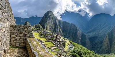 AI generated Historic Sanctuary of Machu Picchu on a mountain ridge, Eastern Cordillera of southern Peru. Incan citadel in the Andes Mountains, ancient civilization, nature panorama landscape photo