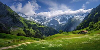 ai generado suizo Alpes montaña rango con lozano bosque valles y prados, campo en Suiza paisaje. sereno idílico panorama, majestuoso naturaleza, relajación, calma concepto foto