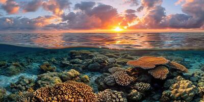 AI generated Great Barrier Reef on the coast of Queensland, Australia seascape. Coral marine ecosystem underwater split view, golden hour sunset evening sky wallpaper background photo