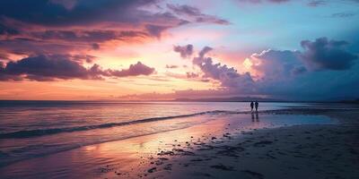 ai generado un silueta de un Pareja en un playa puesta de sol paisaje. púrpura, rosa, y naranja ardiente dorado hora noche cielo en el horizonte. amar, verano, calidad hora concepto fondo de pantalla antecedentes foto