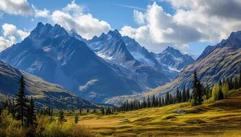 ai generado Nevado montañas de Alaska, paisaje con bosques, valles, y ríos en tiempo de día. asombroso naturaleza composición antecedentes fondo de pantalla, viaje destino, aventuras al aire libre foto