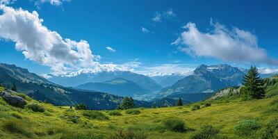 ai generado suizo Alpes montaña rango con lozano bosque valles y prados, campo en Suiza paisaje. Nevado montaña tapas en el horizonte, viaje destino fondo de pantalla antecedentes foto