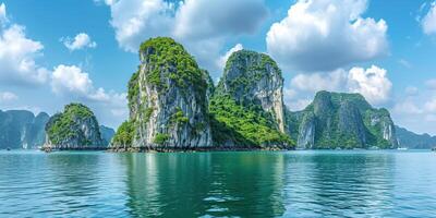 ai generado decir ah largo bahía, halong bahía mundo patrimonio sitio, caliza islas, Esmeralda aguas con barcos en provincia, Vietnam. viaje destino, natural preguntarse paisaje antecedentes fondo de pantalla foto