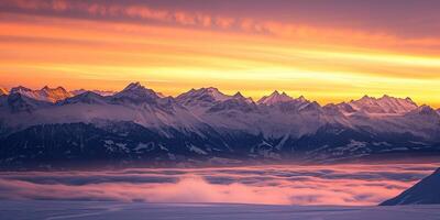 AI generated Swiss Alps snowy mountain range with valleys and meadows, countryside in Switzerland landscape. Golden hour majestic fiery sunset sky, travel destination wallpaper background photo