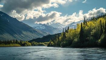 ai generado Nevado montañas de Alaska, paisaje con bosques, valles, y ríos en tiempo de día. sereno desierto naturaleza composición antecedentes fondo de pantalla, viaje destino, aventuras al aire libre foto