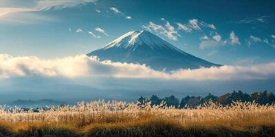 AI generated Mt. Fuji, mount Fuji-san tallest volcano mountain in Tokyo, Japan. Snow capped peak, conical sacred symbol, nature landscape backdrop background wallpaper, travel destination photo