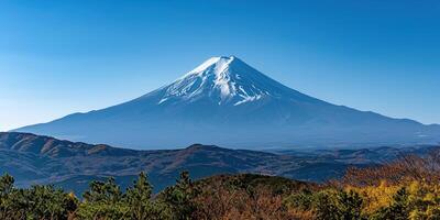 AI generated Mt. Fuji, mount Fuji-san tallest volcano mountain in Tokyo, Japan. Snow capped peak, conical sacred symbol, nature landscape backdrop background wallpaper, travel destination photo