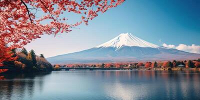 AI generated Mt. Fuji, mount Fuji-san tallest volcano mountain in Tokyo, Japan. Snow capped peak, conical sacred symbol, autumn fall, red trees, nature landscape backdrop background wallpaper, travel photo