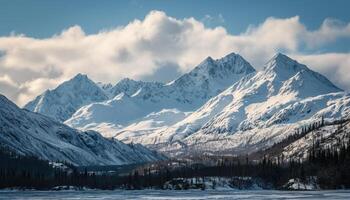 AI generated Snowy mountains of Alaska, landscape with forests, valleys, and rivers in daytime. Breathtaking nature composition background wallpaper, travel destination, adventure outdoors photo