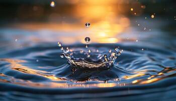 ai generado de cerca de un agua soltar chapoteo en en un estanque durante dorado hora puesta de sol. macro disparo, naranja y amarillo tonos, refrescante hermosa naturaleza, superficie tensión, ondas foto