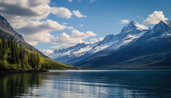 AI generated Snowy mountains of Alaska, landscape with forests, valleys, and rivers in daytime. Breathtaking nature composition background wallpaper, travel destination, adventure outdoors photo