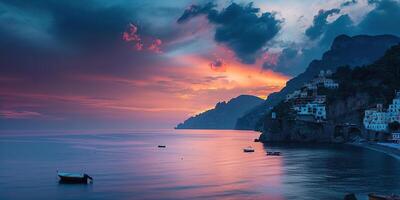 ai generado amalfi costa línea costera en sorento península, campania región, Italia. fiesta destino orilla con sierras, playas, y acantilados, mar vista, puesta de sol dorado hora fondo de pantalla foto