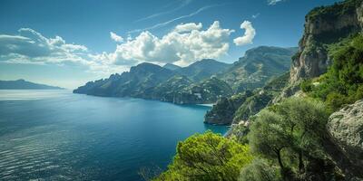 ai generado amalfi costa línea costera en sorento península, campania región, Italia. fiesta destino orilla con sierras, playas, y acantilados, mar vista, azul cielo día fondo de pantalla antecedentes foto