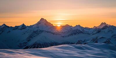 AI generated Swiss Alps snowy mountain range with valleys and meadows, Switzerland landscape. Golden hour sunset, serene idyllic panorama, majestic nature, relaxation, calmness concept photo