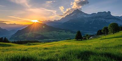 ai generado suizo Alpes Nevado montaña rango con valles y prados, campo en Suiza paisaje. dorado hora majestuoso ardiente puesta de sol cielo, viaje destino fondo de pantalla antecedentes foto