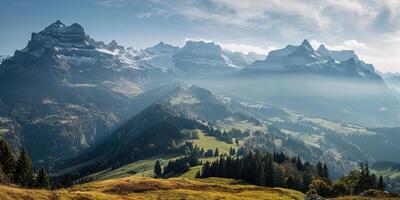 AI generated Swiss Alps mountain range with lush forest valleys and meadows, countryside in Switzerland landscape. Serene idyllic panorama, majestic nature, relaxation, calmness concept photo