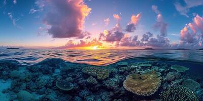 AI generated Great Barrier Reef on the coast of Queensland, Australia seascape. Coral marine ecosystem underwater split view, golden hour sunset evening sky wallpaper background photo