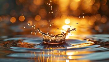 ai generado de cerca de un agua soltar chapoteo en en un estanque durante dorado hora puesta de sol. macro disparo, naranja y amarillo tonos, refrescante hermosa naturaleza, superficie tensión, ondas foto