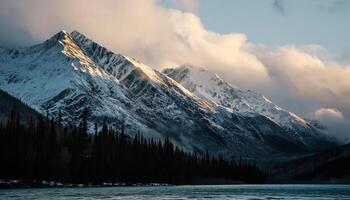 ai generado Nevado montañas de Alaska, paisaje con bosques, valles, y ríos en tiempo de día. sereno desierto naturaleza composición antecedentes fondo de pantalla, viaje destino, aventuras al aire libre foto