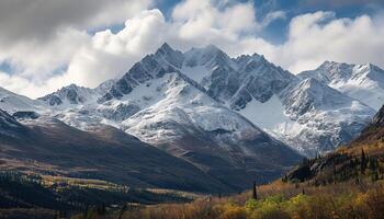 ai generado Nevado montañas de Alaska, paisaje con bosques, valles, y ríos en tiempo de día. sereno desierto naturaleza composición antecedentes fondo de pantalla, viaje destino, aventuras al aire libre foto