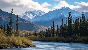 ai generado Nevado montañas de Alaska, paisaje con bosques, valles, y ríos en tiempo de día. asombroso naturaleza composición antecedentes fondo de pantalla, viaje destino, aventuras al aire libre foto