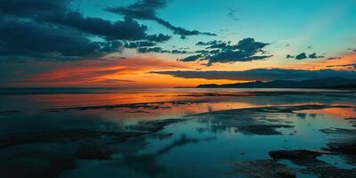 ai generado calma mar puesta de sol paisaje. púrpura, rosa, naranja ardiente dorado hora noche cielo en el horizonte. consciencia, meditación, calma, serenidad, relajación concepto fondo de pantalla antecedentes foto