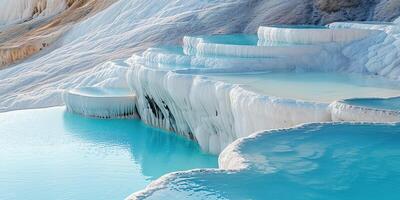 AI generated Mineral rich baby blue thermal waters in white travertine terraces on a hillside in Pamukkale, Turkey. Outdoors spa in nature, travel destination, relaxation and calmness landscape photo